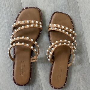 Women's Tan Pearl-Embellished Sandals